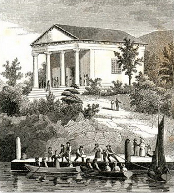 “The traveler, sailing up and down the river, cannot but be stuck with it’s romantic beauty.”
Drawing of chapel by Rober Weir, which appeared with an account of the dedication on September 21, 1834, by George Pope Morris, New York Mirror.
